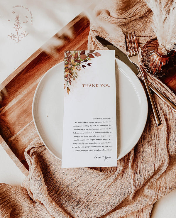 Fall Wedding Thank You Letter | Wedding Napkin Note 