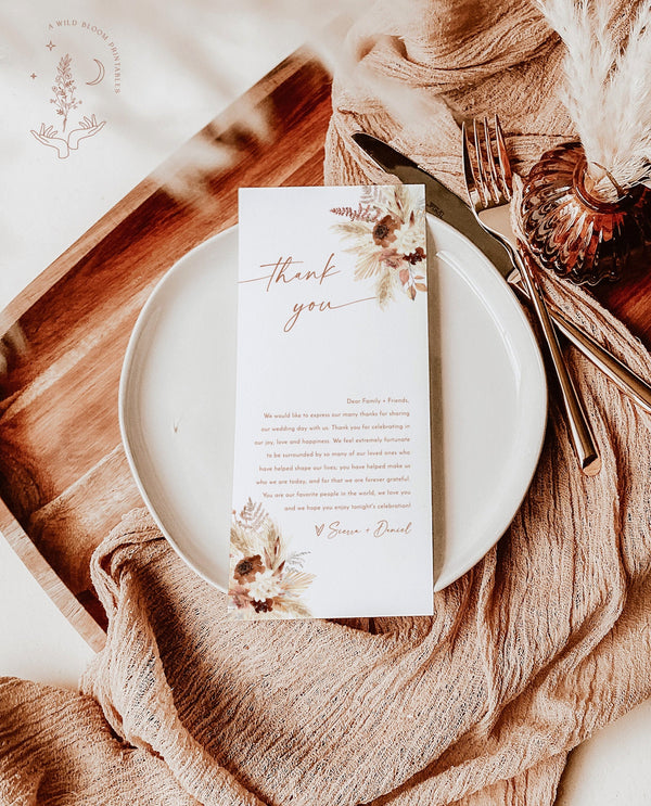 Terracotta Wedding Napkin Note | Fall Wedding Thank You Letter 