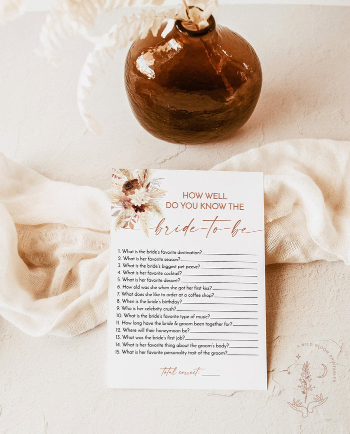 How Well Do You Know the Bride-to-Be Game | Boho Bridal Trivia Shower Game