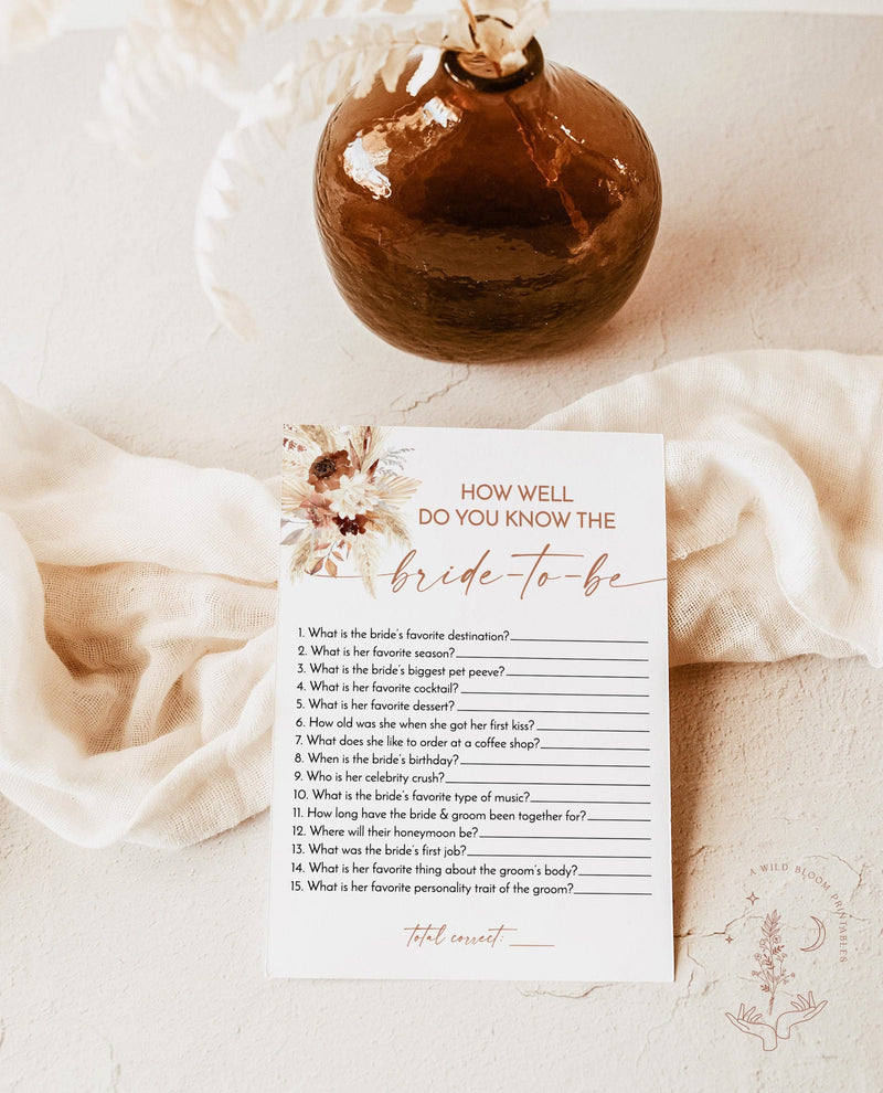 How Well Do You Know the Bride-to-Be Game | Boho Bridal Trivia Shower Game | Pampas Grass Bridal Shower Game | Editable Template | A4