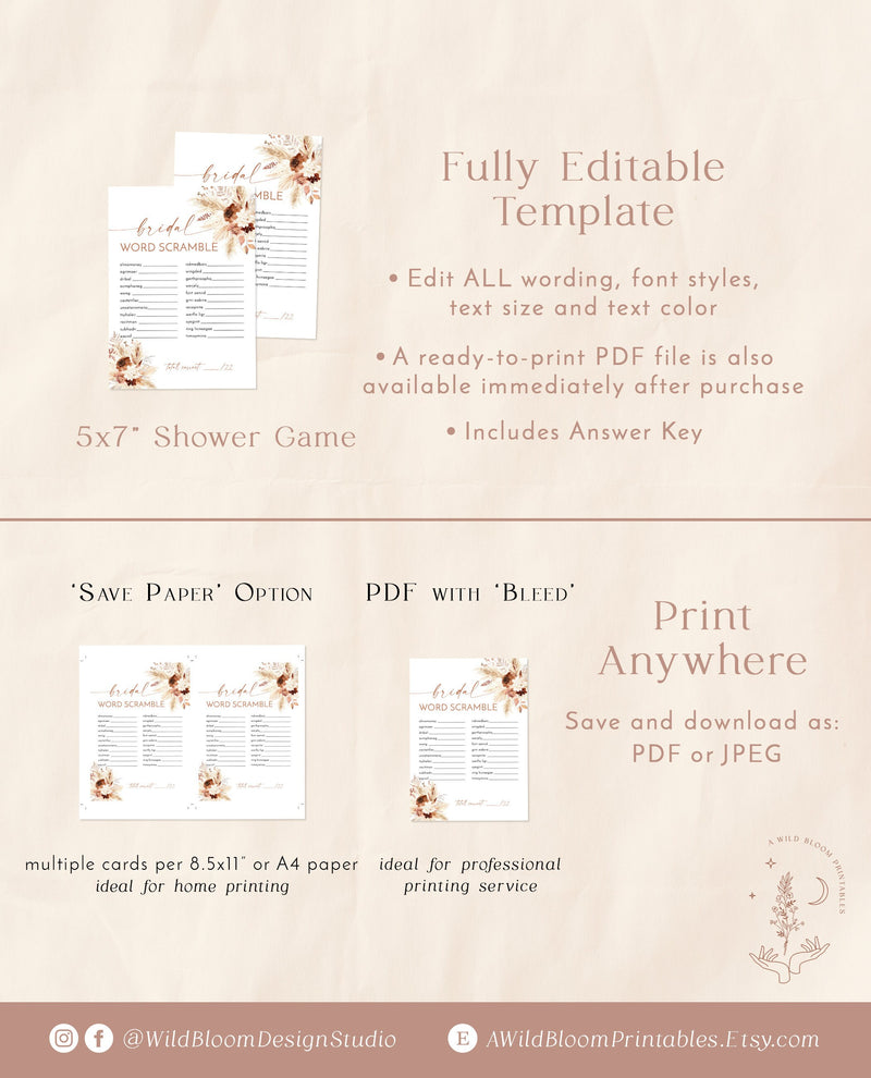 Bridal Word Scramble Game | Fall Boho Bridal Shower Game 