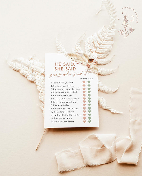 Pampas Grass He Said She Said Game | Boho Bridal Shower Game | Editable Guess Who Said It Bridal Game | Arched Bridal Shower Game | A4