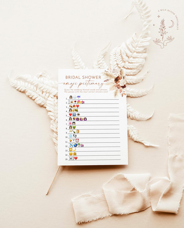Emoji Picture Game | Bridal Shower Emoji Picture Game | Pampas Grass Bridal Shower Game | Boho Bridal Shower Game | Boho Bridal | A4