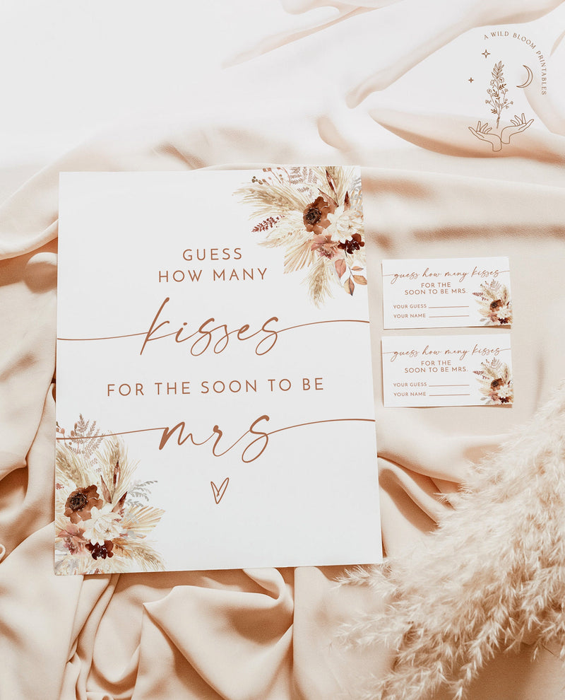 Guess How Many Kisses For The Soon To Be Mrs | Pampas Grass Bridal Shower Game | Printable Candy Game | Fall Bridal Shower Game | A4
