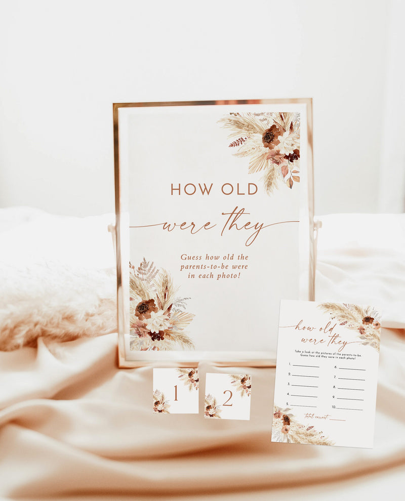 How Old Were The Parents-To-Be Game | Guess How Old Game | Boho Baby Shower Game | Pampas Grass Baby Shower | How Old Were They | A4