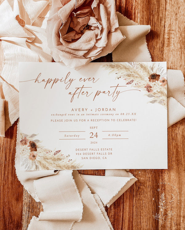 Happily Ever After Party Invite | Reception Party Invitation | Boho Wedding Elopement Announcement Card | Boho Reception Invite | A4