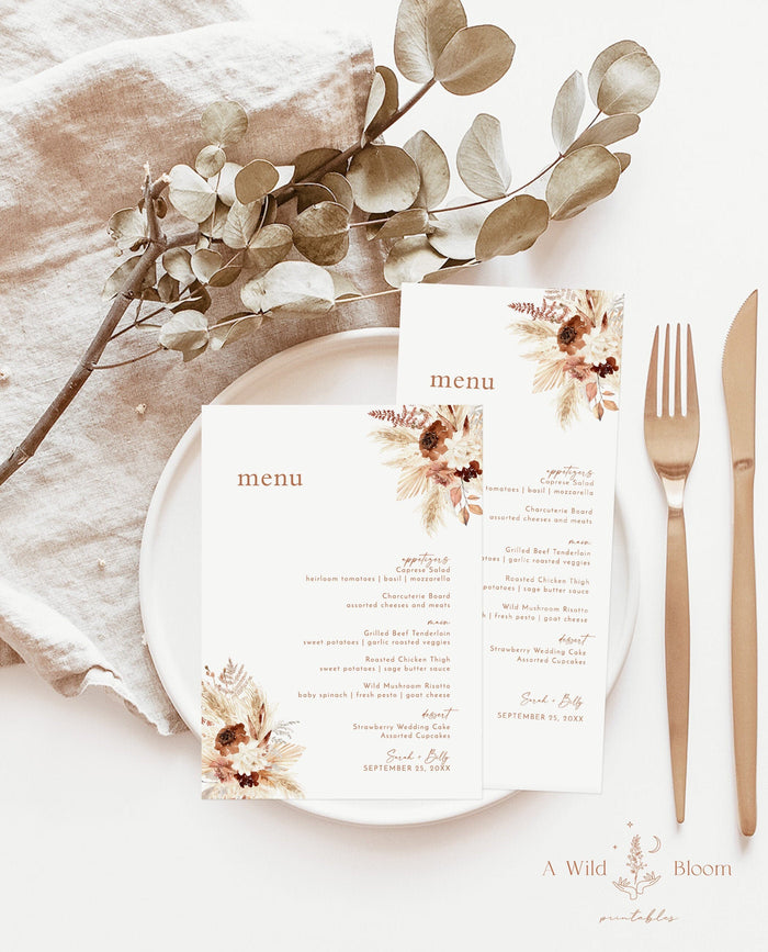 Pampas Grass Wedding Menu Template | Terracotta Wedding Menu