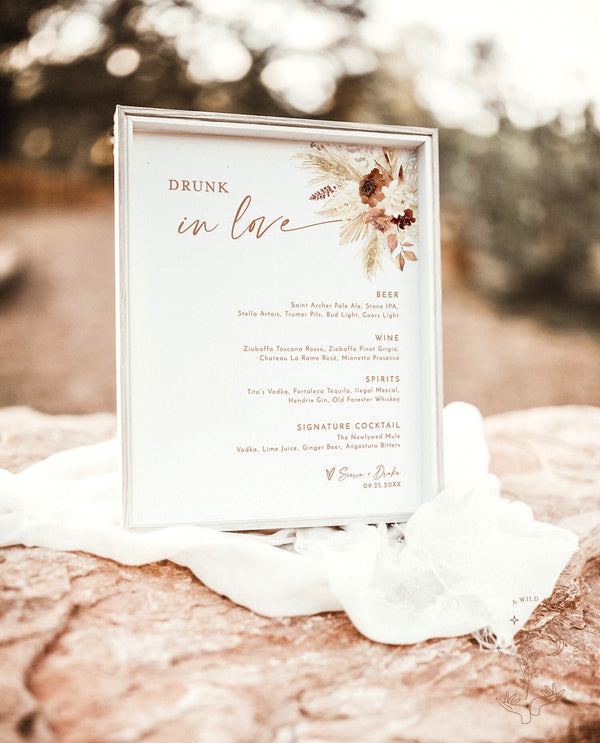 Bohemian Drink Menu Template | Pampas Grass Cocktail Menu | Desert Wedding Bar Menu Sign | Boho Wedding Bar Sign | Drunk in Love Menu | A4