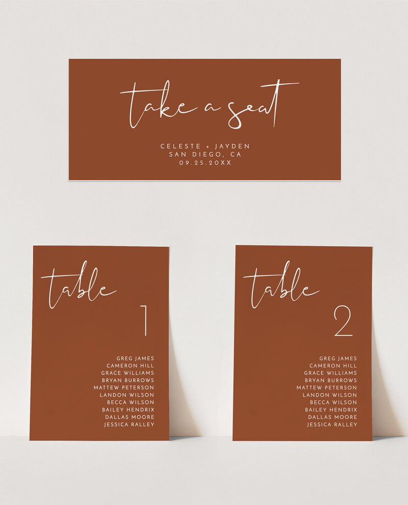 Terracotta Wedding Seating Chart Cards | Minimalist Wedding Table Seating Chart Cards  