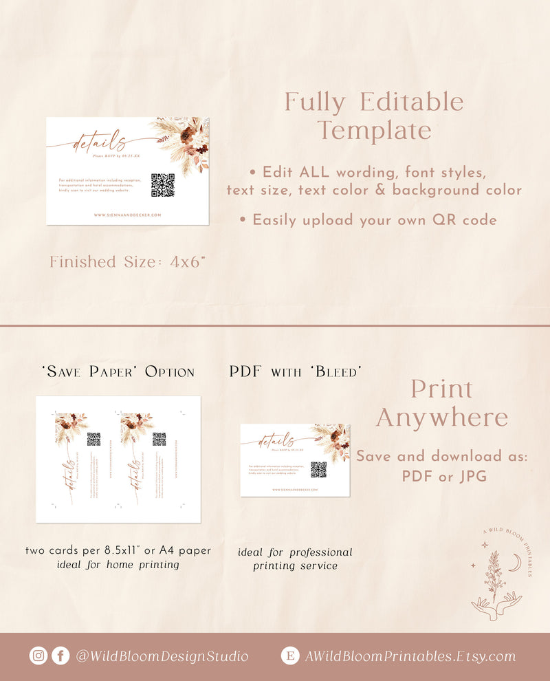QR Code Details Card | Fall Boho Wedding Digital Details Card 