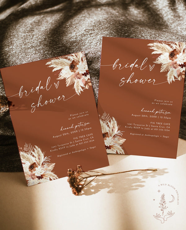 Boho Bridal Shower Invitation | Fall Bridal Shower Invite | Pampas Grass Bridal Shower | Terracotta Bridal Shower | Editable Template A4