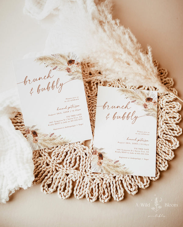 Brunch and Bubbly Bridal Shower Invite | Editable Bridal Brunch Invite | Pampas Grass Bridal Shower | Boho Bridal Shower Template | A4