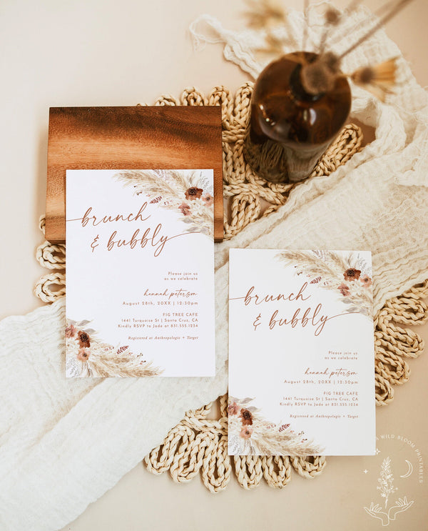 Brunch and Bubbly Bridal Shower Invite | Editable Bridal Brunch Invite | Pampas Grass Bridal Shower | Boho Bridal Shower Template | A4