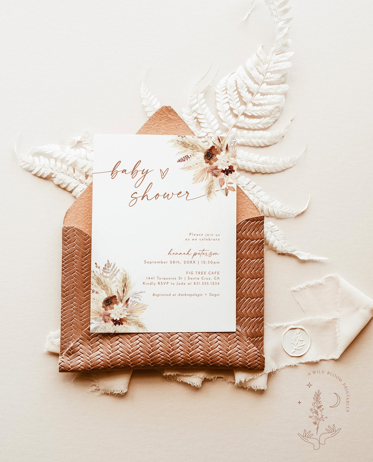 Pampas Grass Baby Shower Invite | Boho Girl Baby Shower