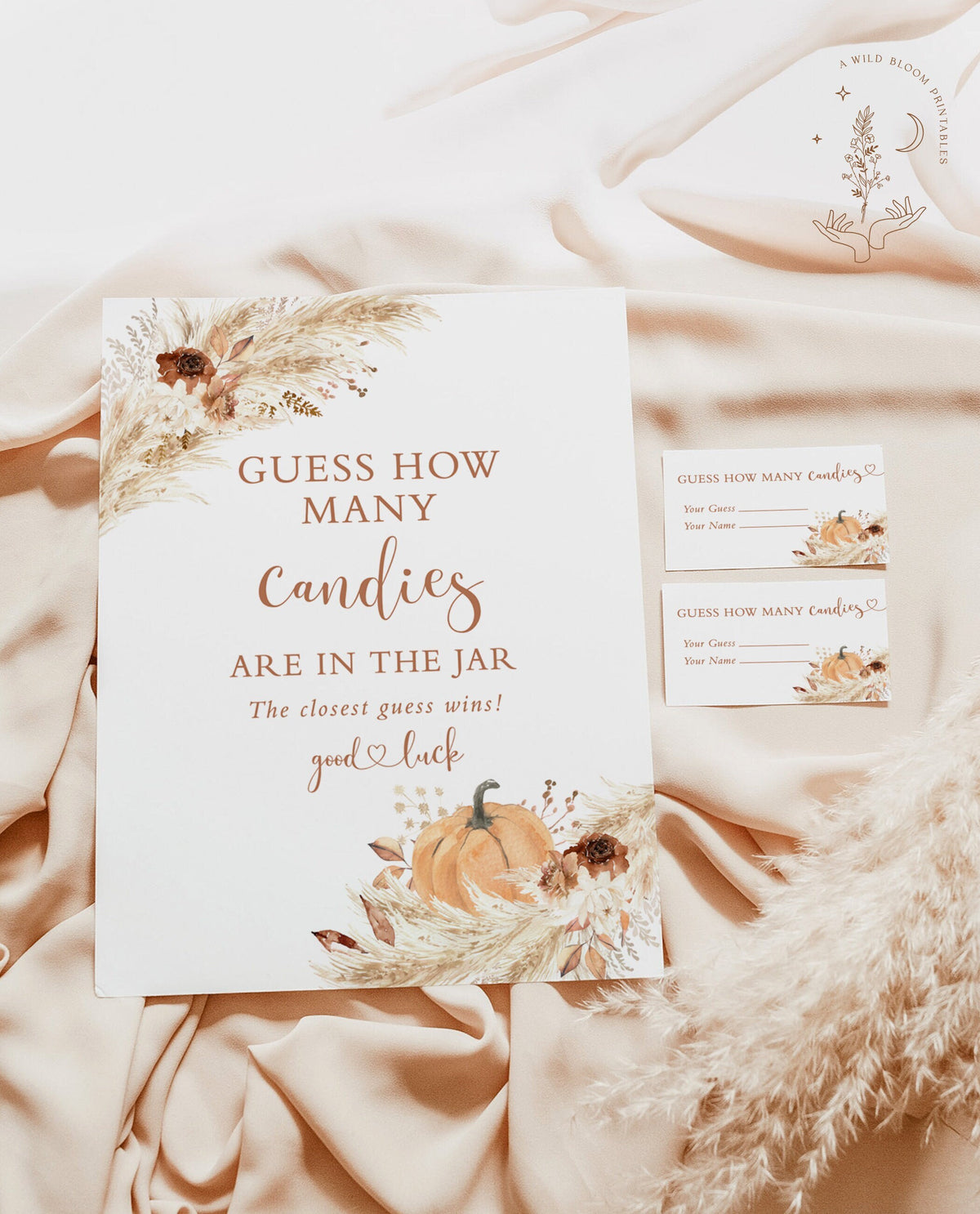 Boho Guess How Many Candies Baby Shower Game | Pumpkin Baby Shower Game
