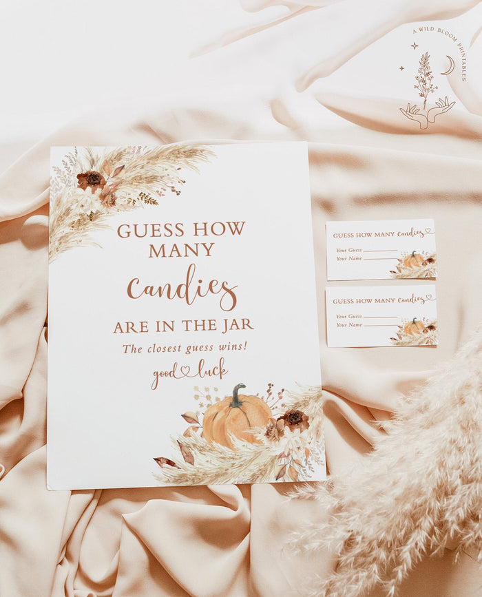 Boho Guess How Many Candies Baby Shower Game | Pumpkin Baby Shower Game