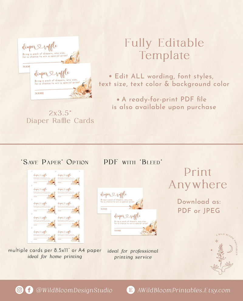 Pampas Grass Diaper Raffle Card | Little Pumpkin Diaper Raffle Ticket 