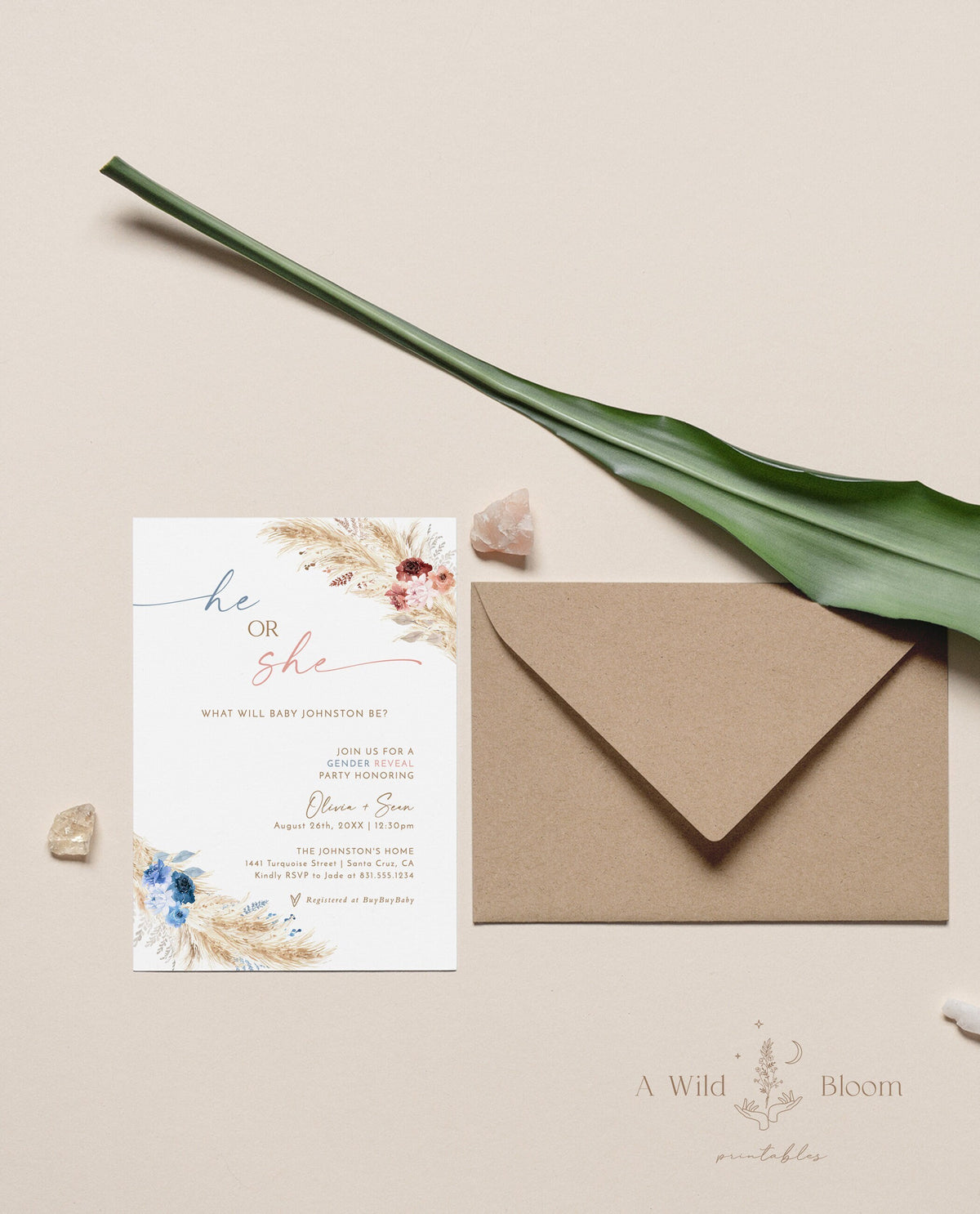 Pampas Grass Gender Reveal Invitation | He or She