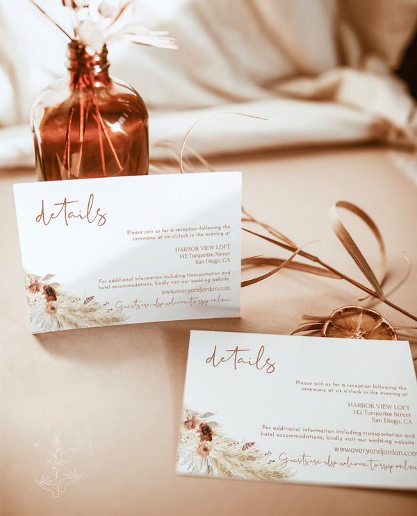 Boho Details Card | Minimalist Wedding Details Insert | Pampas Grass Wedding Details | Rust Wedding Details Card | Editable Template | A4