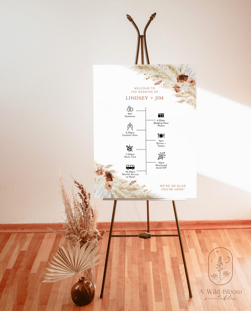 Boho Wedding Timeline Template | Welcome Timeline Poster | Order of Events Sign | Pampas Grass Wedding Day Timeline | Editable Template | A4