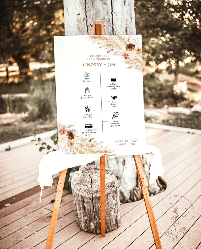 Boho Wedding Timeline Template | Welcome Timeline Poster | Order of Events Sign | Pampas Grass Wedding Day Timeline | Editable Template | A4
