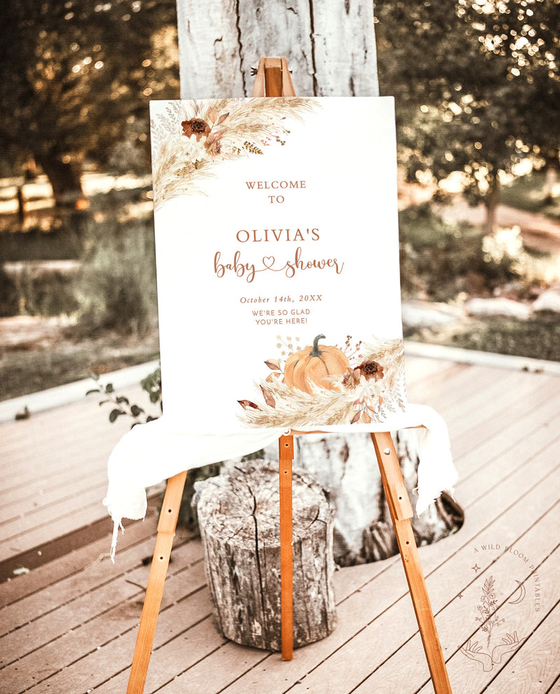 Boho Baby Shower Welcome Sign | Pampas Grass Baby Shower Welcome Poster | Little Pumpkin Baby Shower Welcome Sign | Boho Baby Shower | A4