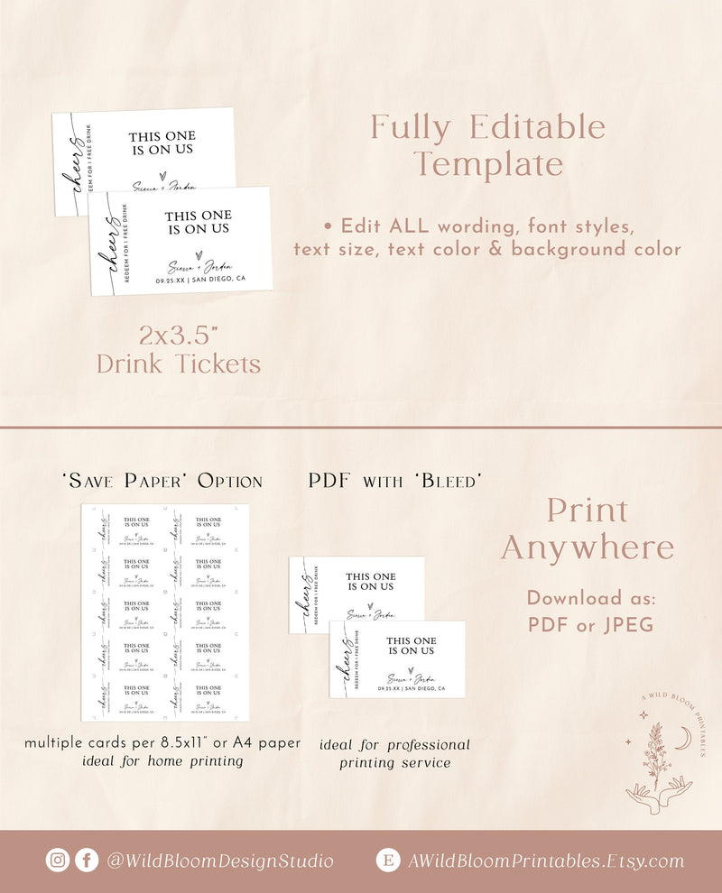 Drink Ticket Template | Minimalist Drink Ticket | This One's On Us | Modern Wedding Drink Ticket | Free Drink Voucher | Editable Template M9