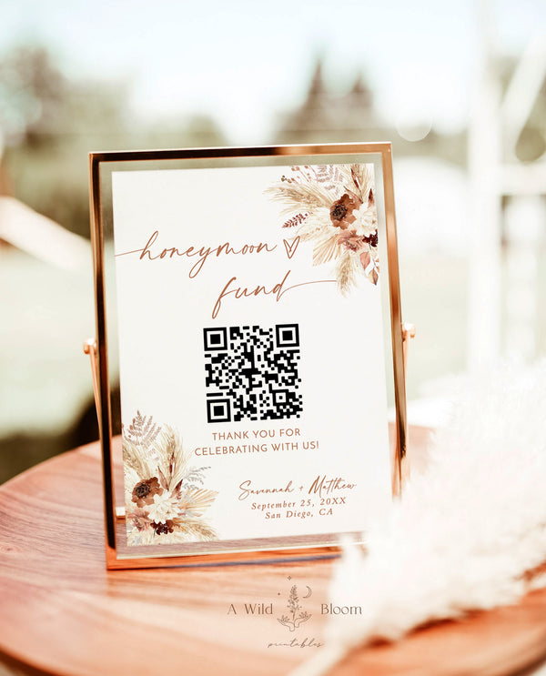 Honeymoon Fund QR Code Sign | Wedding Honeymoon Fund Sign | Venmo QR Code Modern Wedding Sign | Boho Wedding | Editable Template | A4