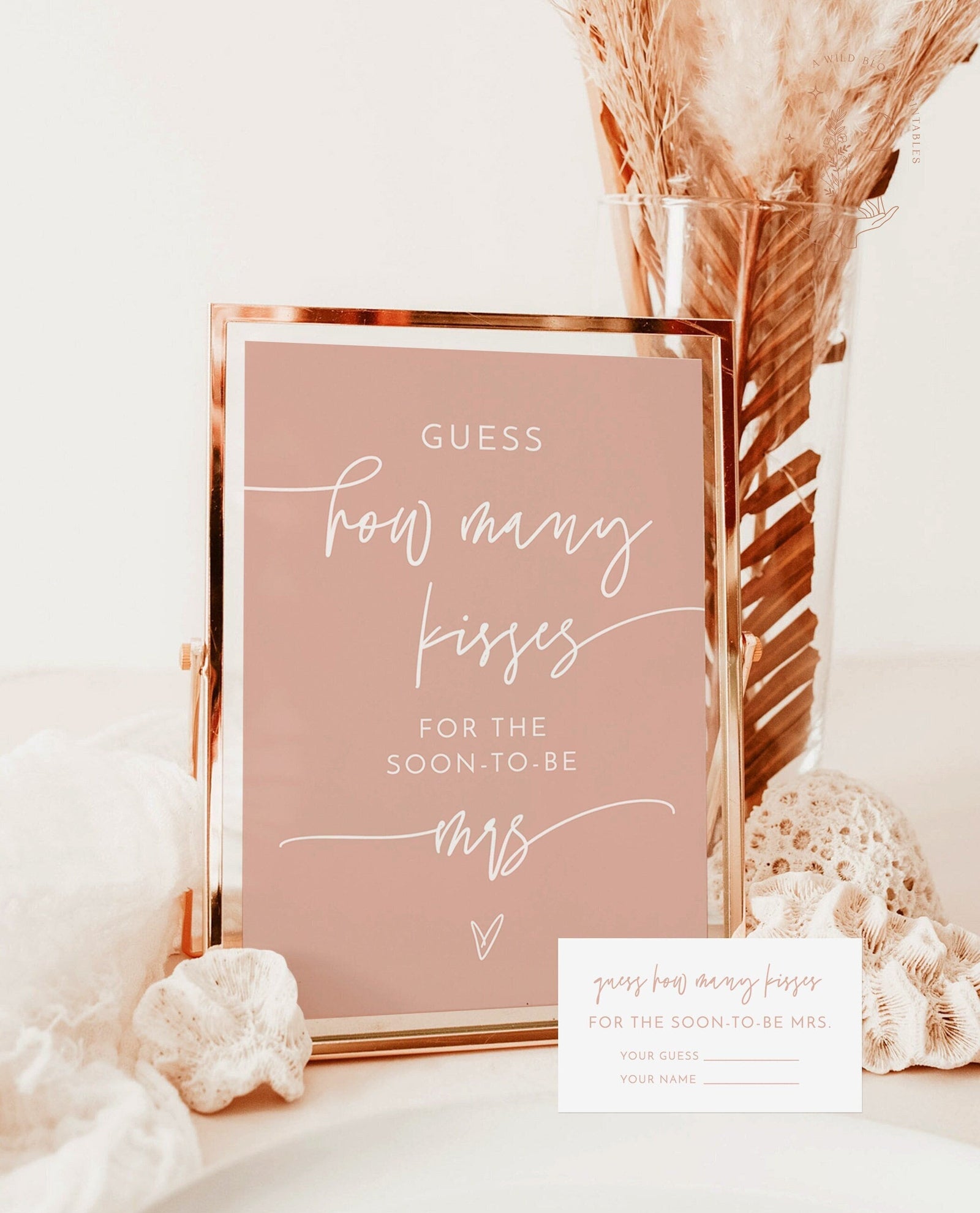 Inkdotpot Bridal Shower Game - How Many Kisses For The Soon-to-Be Mrs, Floral Sign & 30 Cards