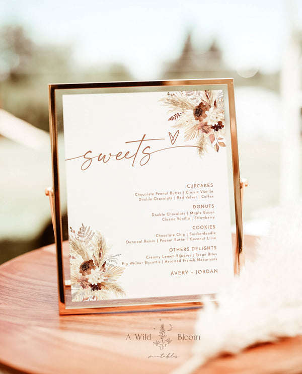 Boho Wedding Dessert Menu Sign | Boho Sweets Menu | Pampas Grass Wedding Dessert Menu | Dessert Station | Modern Wedding Dessert Sign | A4
