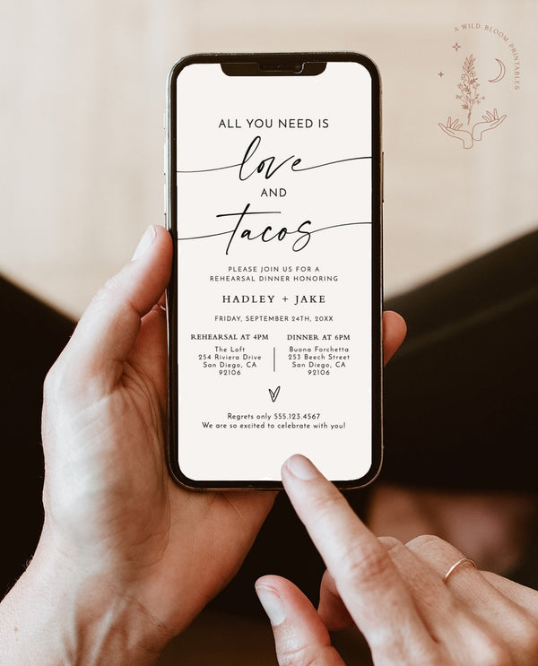 Minimalist Rehearsal Dinner Evite | Digital Rehearsal Text Invite | Mexican Rehearsal Dinner | All You Need is Love + Tacos | M9