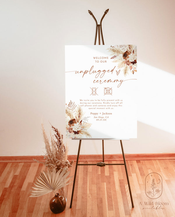 Boho Unplugged Wedding Poster | Pampas Grass Wedding | Rust Unplugged Ceremony Sign | Printable Unplugged Poster | Editable Template | A4