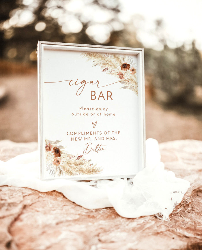 Bohemian Cigar Bar Sign | Pampas Grass Wedding Cigar Sign Template