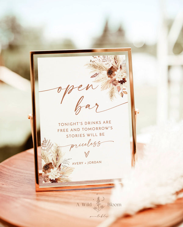 Boho Open Bar Sign | Wedding Bar Sign | Bohemian Wedding Sign | Funny Open Bar Sign | Boho Wedding Bar Sign | Pampas Grass Open Bar Sign A4