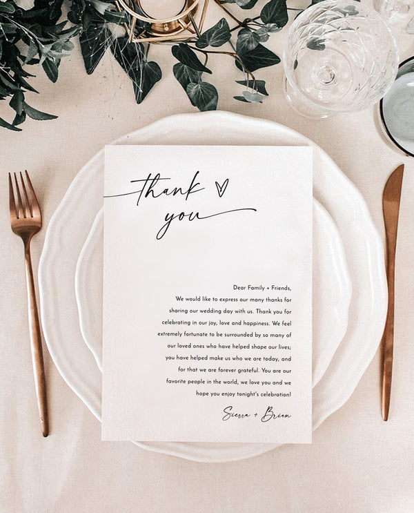 Modern Thank You Letter | Wedding Napkin Note | Wedding Menu Thank You | Editable Template | Minimalist Place Setting Thank You | M9