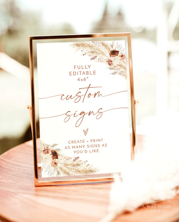 Pampas Grass Custom 4x6" Sign Template | Terracotta Wedding Custom Sign | Boho Shower Signage | Desert Wedding Sign | Minimalist Wedding A4