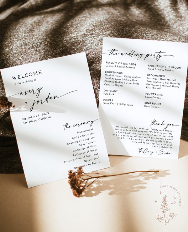 Minimalist Wedding Program | Order of Service | Winter Wedding | Modern Wedding Program | Boho Wedding Program | Editable Template | M9