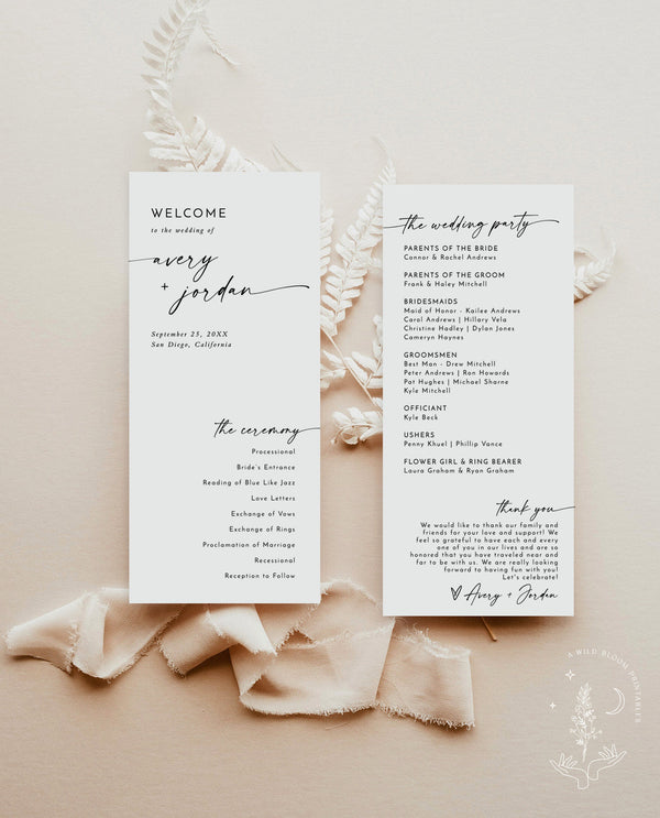 Minimalist Wedding Program | Winter Wedding | Order of Service | Boho Wedding Program | Modern Wedding Program | Editable Template | M9