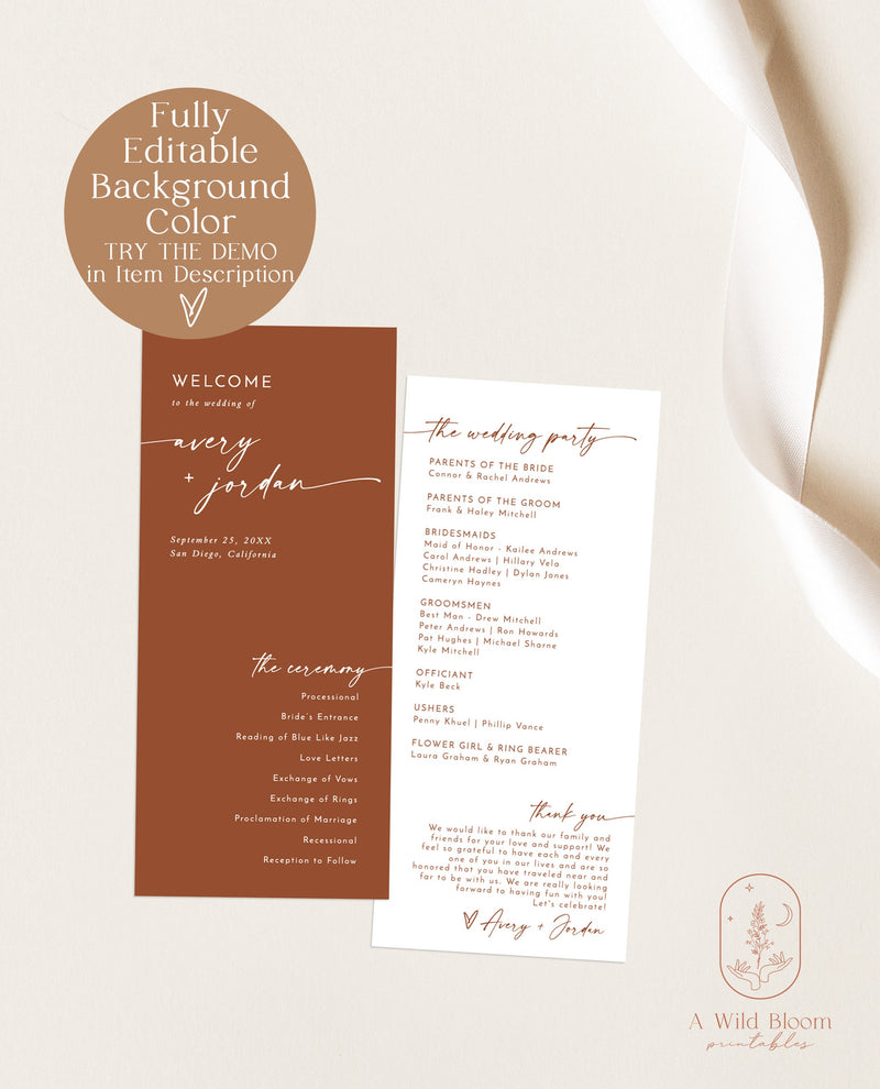 Minimalist Wedding Program | Winter Wedding | Order of Service | Boho Wedding Program | Modern Wedding Program | Editable Template | M9