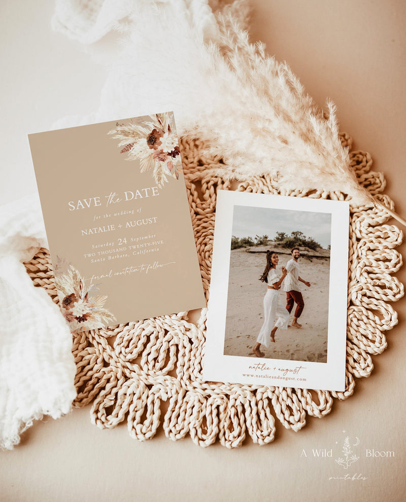 Beige Save the Date | Boho Save the Date | Bohemian Photo Save the Date | Pampas Grass Save the Date | Editable Template | A4