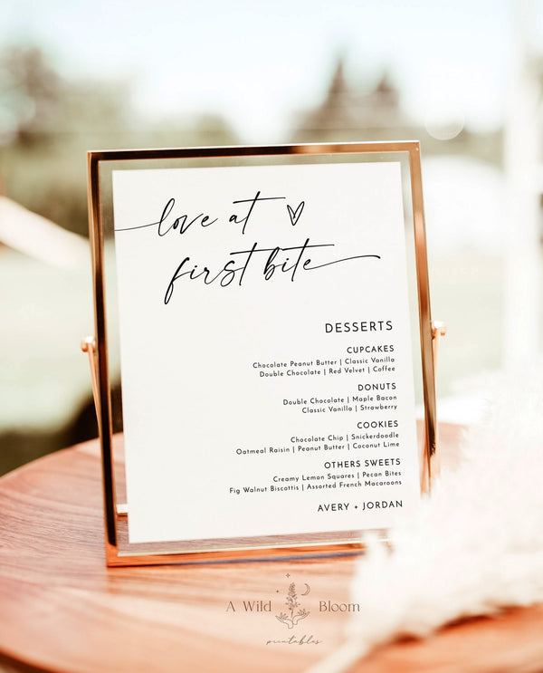 Minimalist Dessert Menu Sign | Love at First Bite | Modern Wedding Dessert Menu | Boho Dessert Station | Modern Minimalist Wedding Sign | M9