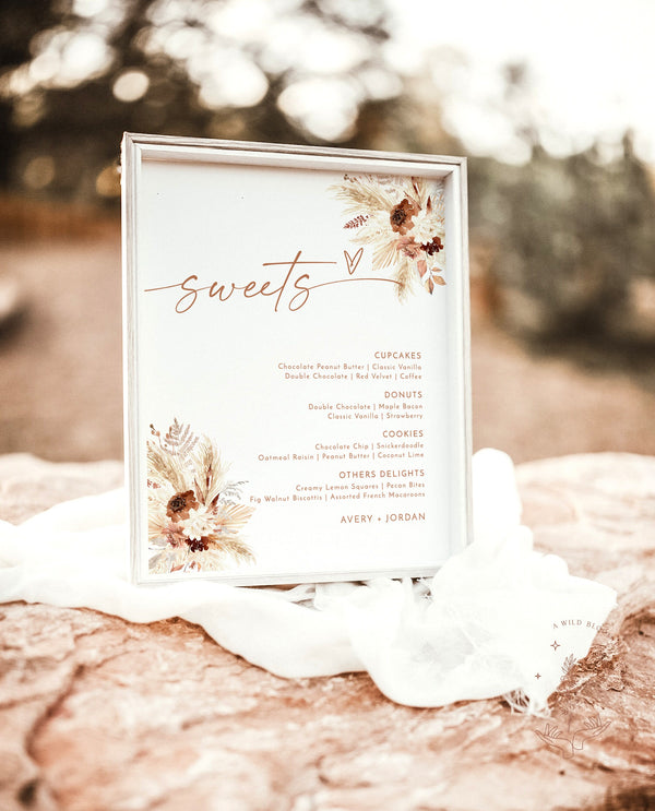 Boho Wedding Dessert Menu Sign | Boho Sweets Menu | Pampas Grass Wedding Dessert Menu | Dessert Station | Modern Wedding Dessert Sign | A4