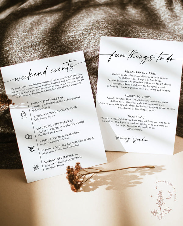 Minimalist Wedding Events Card | Modern Weekend Events | Wedding Itinerary Template | Welcome Bag | Editable Wedding Timeline Schedule | M9