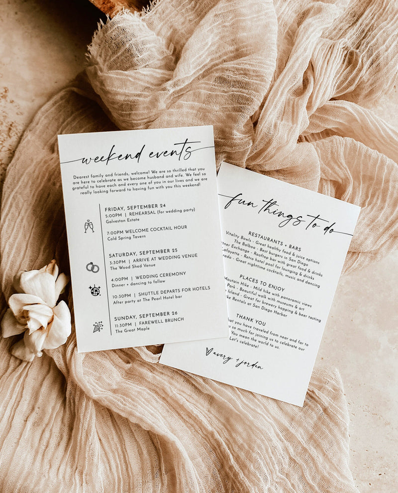 Minimalist Wedding Events Card | Modern Weekend Events | Wedding Itinerary Template | Welcome Bag | Editable Wedding Timeline Schedule | M9