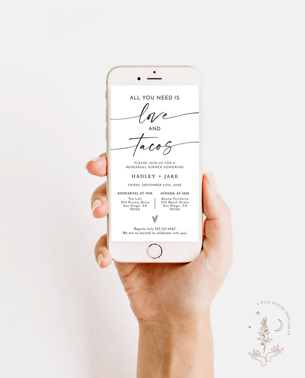 Minimalist Rehearsal Dinner Evite | Digital Rehearsal Text Invite | Mexican Rehearsal Dinner | All You Need is Love + Tacos | M9