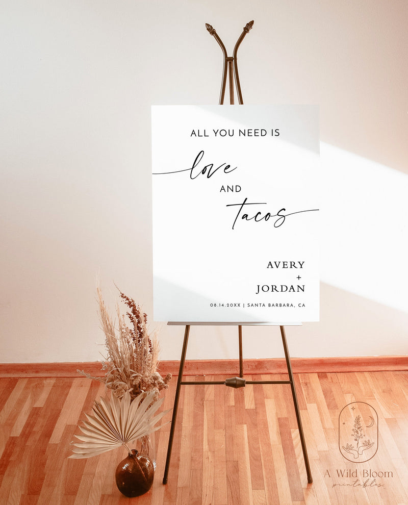 All You Need is Love and Tacos Sign | Minimalist Love & Tacos | Mexican Rehearsal Dinner | Taco Bar Wedding Sign | Editable Template | M9