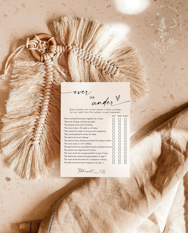 Over or Under Baby Shower Game | Modern Baby Shower | Minimalist Baby Shower Game | Over or Under Trivia Game | Gender Neutral Shower | M9