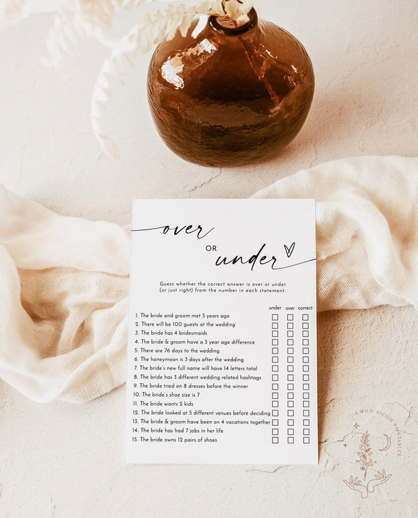 Over or Under Bridal Shower Game | Modern Bridal Shower | Minimalist Bridal Shower Game | Over or Under Trivia Game | Editable Template | M9