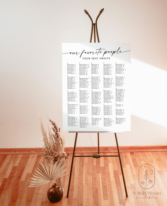 Minimalist Alphabetical Seating Chart Sign | Modern Wedding Seating Chart Poster