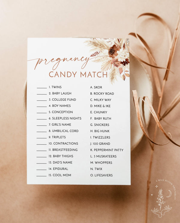 Candy Match Game | Pregnancy Candy Bar Game | Pampas Grass Baby Shower Game | Boho Baby Shower Game | Boho Baby Shower Editable Template A4